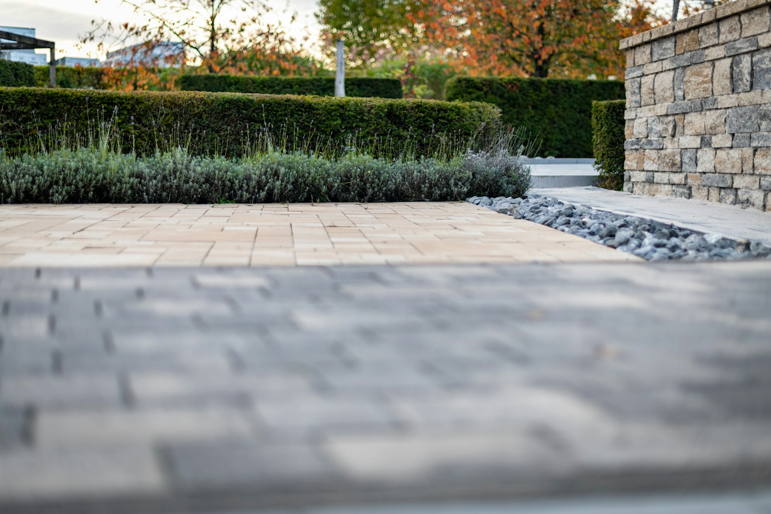 Illustrative contemporary garden with stone walls and planting